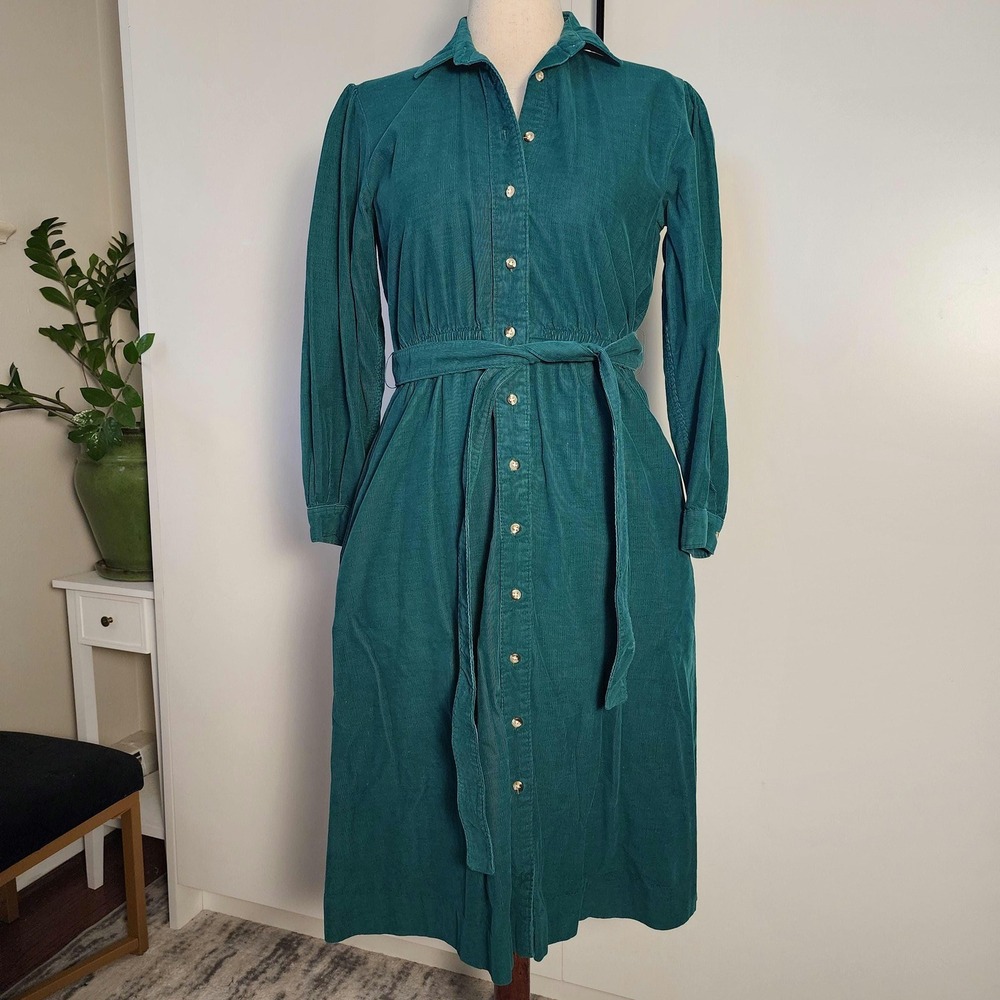 12 Petite teal green corduroy dress Lands' End 90s vintage collared button front